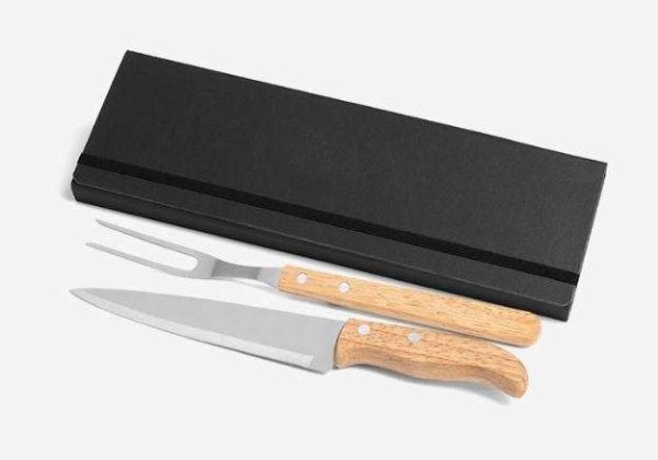 CONJUNTO DE GARFO E FACA INOX E  MADEIRA COM ESTOJO PRETO 3 PEÇAS WELF PB-31066
