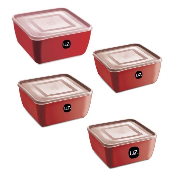 KIT 4 POTES QUADRADO PREMIUM VERMELHO PLÁSTICO UZ