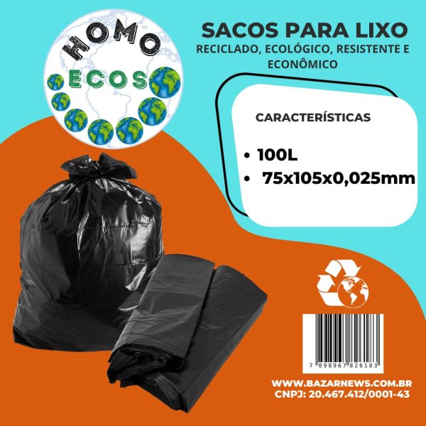 SACO PARA LIXO HOMO ECOS 100 LITROS RECICLADO ECOLÓGICO RESISTENTE E ECONÔMICO