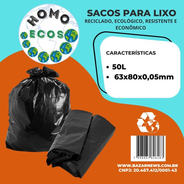 SACO PARA LIXO HOMO ECOS 50 LITROS RECICLADO ECOLÓGICO RESISTENTE E ECONÔMICO