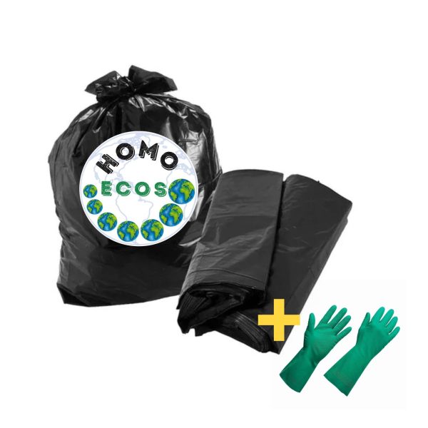 KIT SACO PARA LIXO 100 LITROS HOMO ECOS COM 100 UNID COM 1 PAR DE LUVAS ESFRE BOM AMARELA