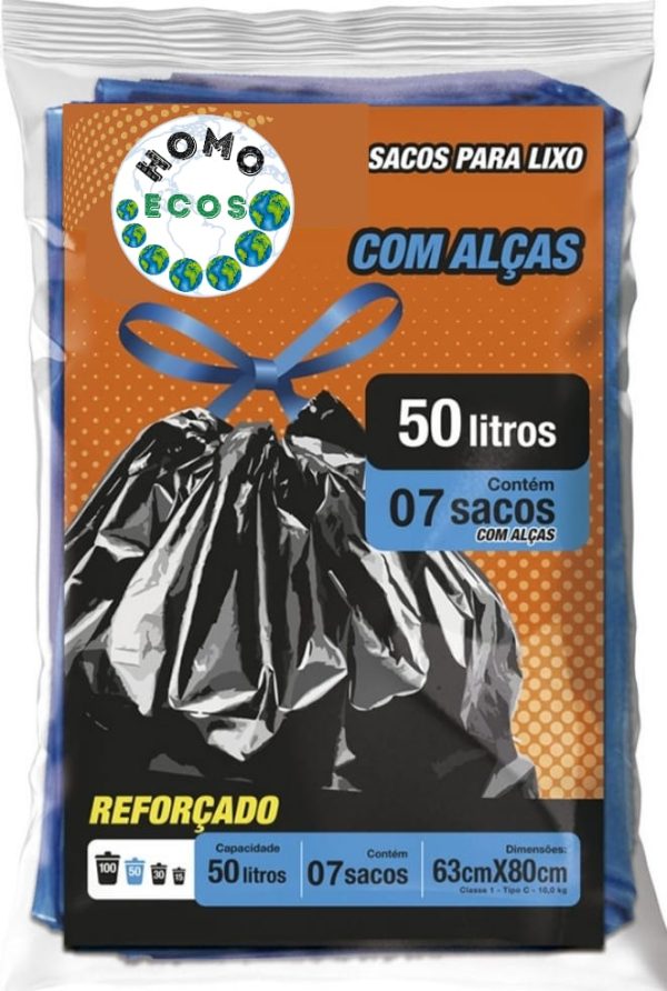 SACO PARA LIXO REFORÇADO COM ALÇAS 50 LITROS C/ 07 UNIDADES HOMO ECOS