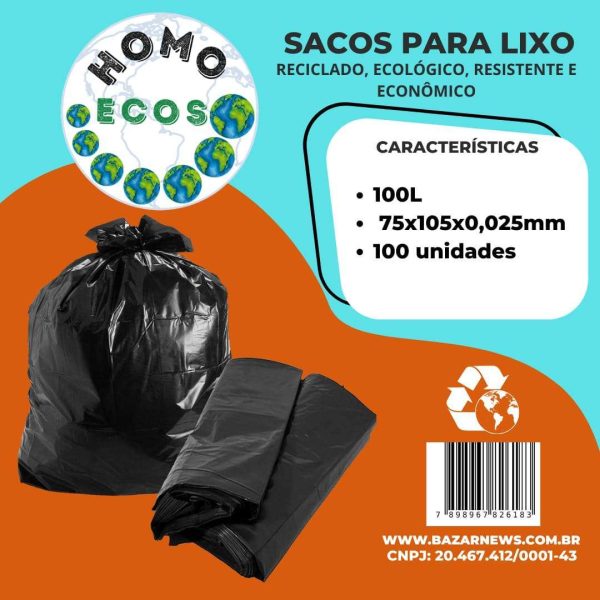 SACO PARA LIXO HOMO ECOS - 100 LITROS - 100 UNIDADES - RECICLADO, ECOLÓGICO, RESISTENTE E ECONÔMICO