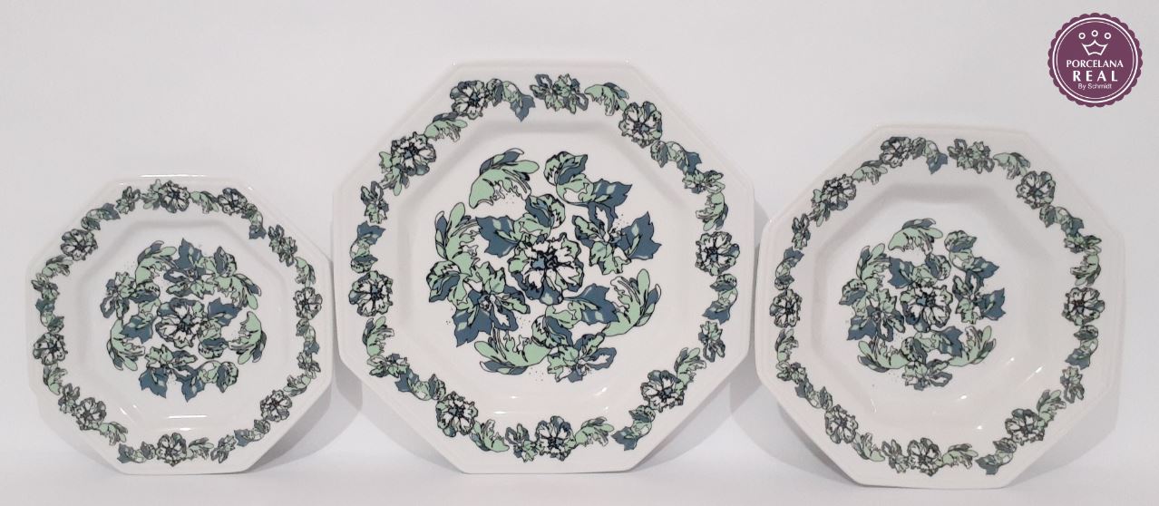 CONJUNTO DE 18 PRATOS COM DECORAÇÃO AGUAPÉ LINHA REAL PORCELANA SCHMIDT 0041
