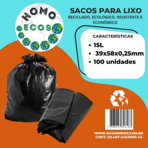 SACO PARA LIXO HOMO ECOS - 15 LITROS - 100 UNIDADES - RECICLADO, ECOLÓGICO, RESISTENTE E ECONÔMICO