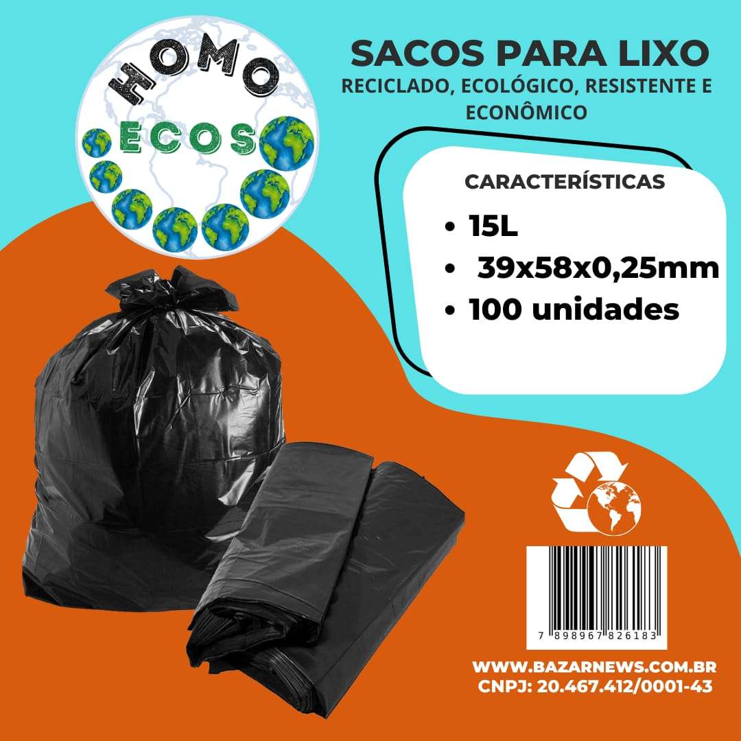 SACO PARA LIXO HOMO ECOS - 15 LITROS - 100 UNIDADES - RECICLADO, ECOLÓGICO, RESISTENTE E ECONÔMICO