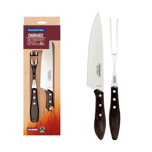 JOGO TRINCHANTE PARA CHURRASCO EM AÇO INOX COM CABO CASTANHO POLYWOOD 2 PEÇAS TRAMONTINA 21198/960