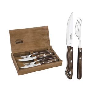 JOGO DE TALHERES PARA CHURRASCO EM AÇO INOX CABO CASTANHO POLYWOOD COM ESTOJO DE MADEIRA 4 PEÇAS TRAMONTINA 29899/511