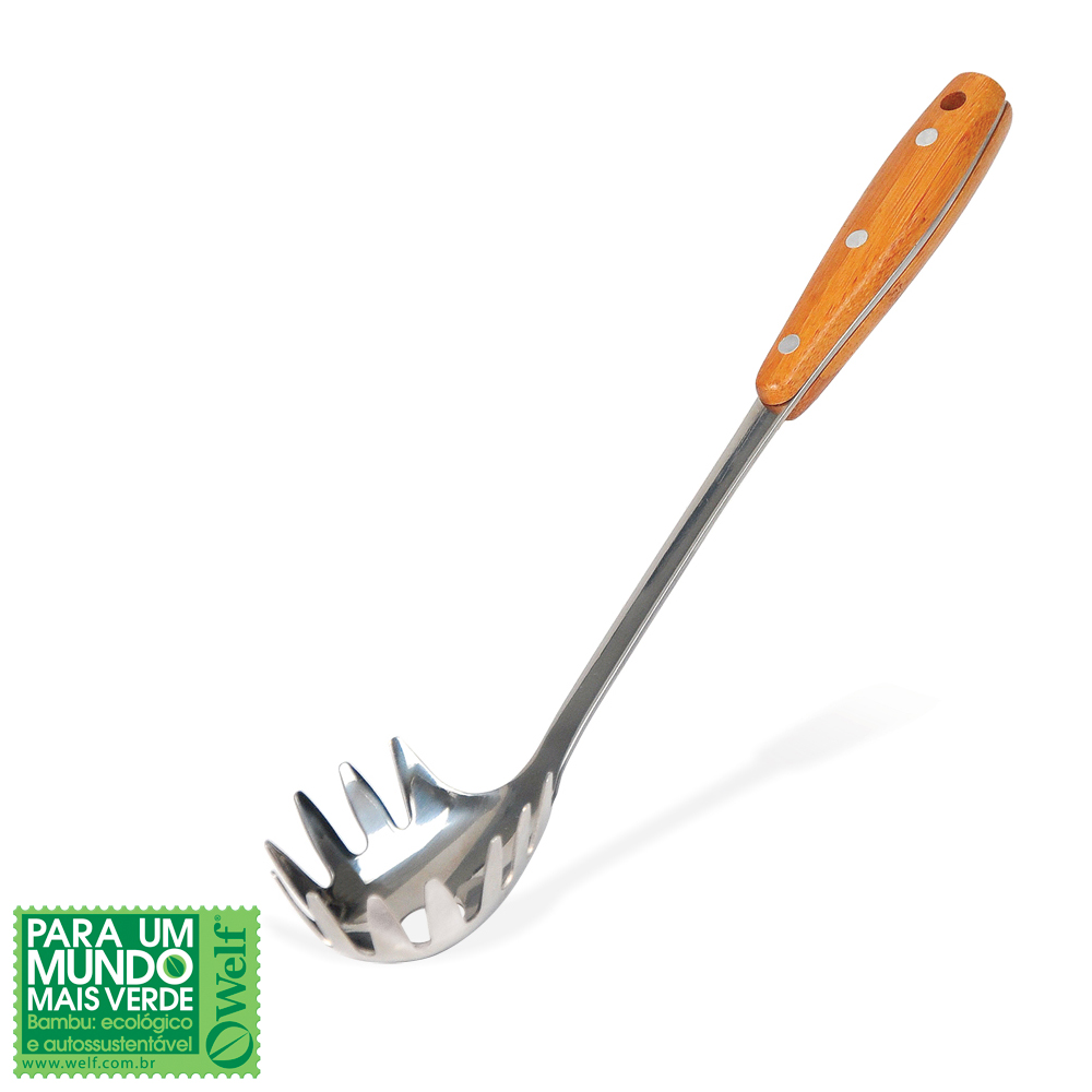 PEGADOR PARA MACARRÃO EM AÇO INOX COM CABO EM BAMBU 34,5CM WELF UB-80063