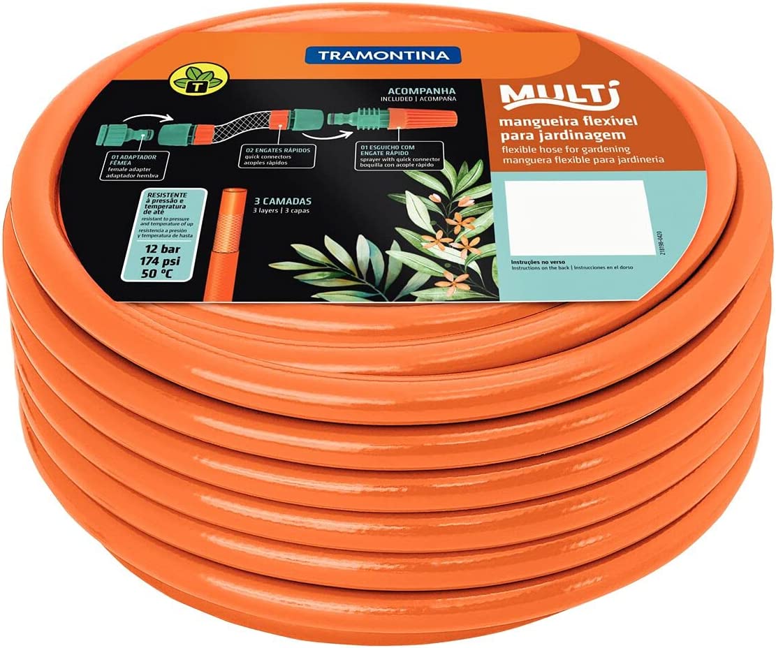MANGUEIRA 15M SUPER FLEX COM ENGATES ROSQUEADOS E ESGUICHO EM PVC LARANJA TRAMONTINA 79212/151