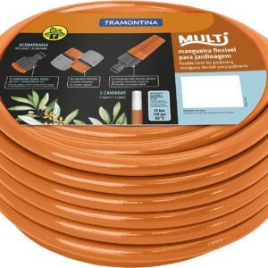 MANGUEIRA 10M SUPER FLEX COM ENGATES ROSQUEADOS E ESGUICHO EM PVC LARANJA TRAMONTINA 79212/101