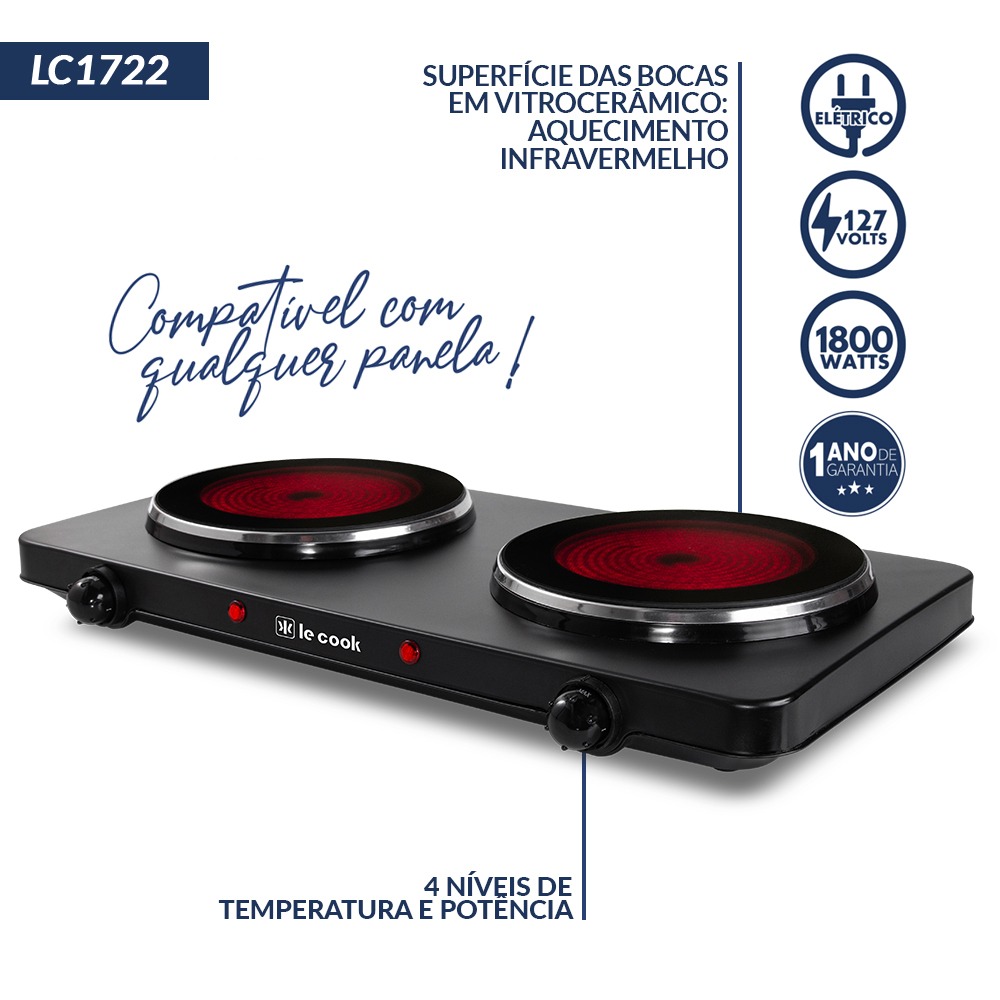 COOKTOP ELÉTRICO 2 BOCAS VIDTROCERÂMICO LE COOK LC1722 110V 1800W