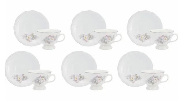 JOGO COM 6 XÍCARAS DE CHÁ COM PÉ COM PIRES VITÓRIA PORCELANA SCHMIDT 0397