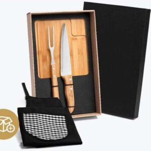 KIT PARA CHURRASCO EM BAMBU E INOX COM AVENTAL 4 PEÇAS WELF ME-19163