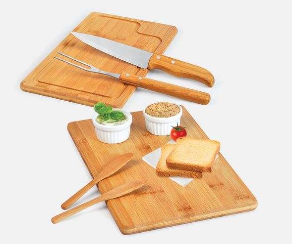 CONJUNTO PARA CHURRASCO E PETISCO EM BAMBU E PORCELANA 7 PEÇAS WELF ME-19663