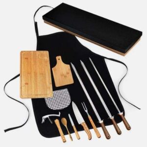 CONJUNTO PARA CHURRASCO E BAR EM BAMBU E INOX COM ESPETOS 12 PEÇAS WELF MF-04103