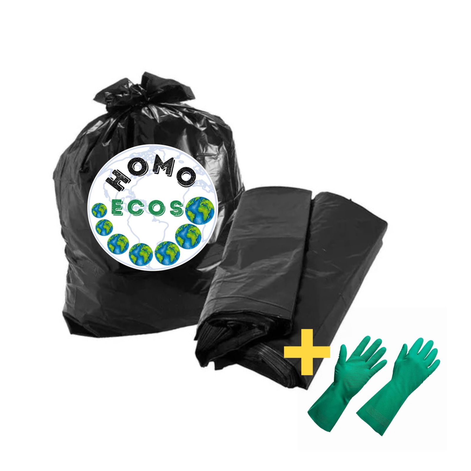 KIT SACO PARA LIXO 100 LITROS HOMO ECOS COM 100 UNID COM 1 PAR DE LUVAS ESFRE BOM AMARELA